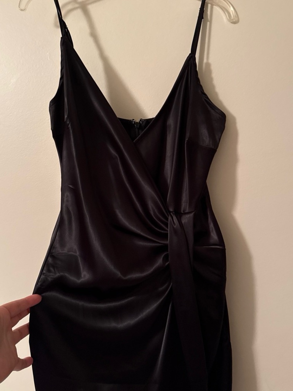 AKIRA Black Satin Slip Dress with Draped Front